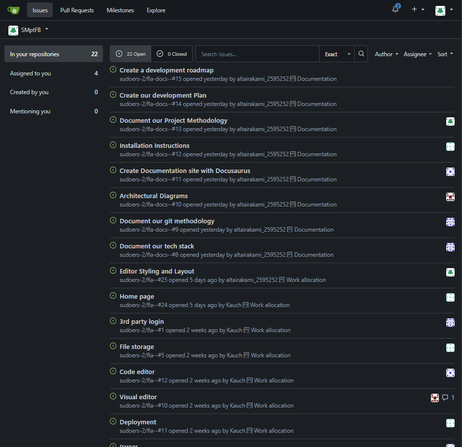 Figure 1: Screenshot of Gitea Issues list, showing labelled and assigned tasks